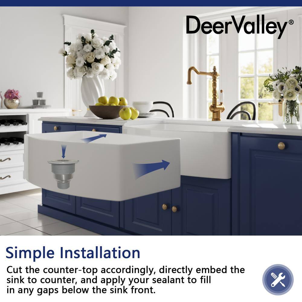 DEERVALLEY Grove Fireclay 33 in. L x 21 in. W Single Bowl Farmhouse Curved Kitchen Sink with Sink Grid and Basket Strainer DV-1K516