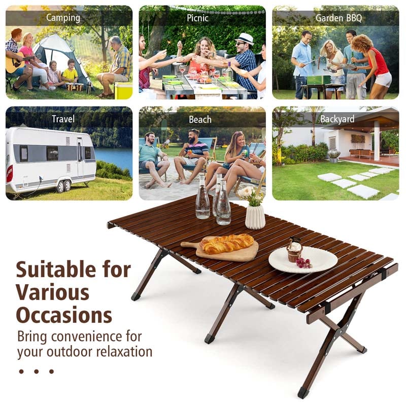 Folding Camping Table Portable Picnic Table with Carry Bag, Roll-up Bamboo Tabletop for BBQ Party Hiking