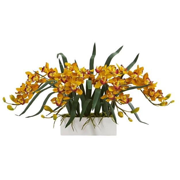 Nearly Natural 15-in Cymbidium Artificial Arrangement In White Vase