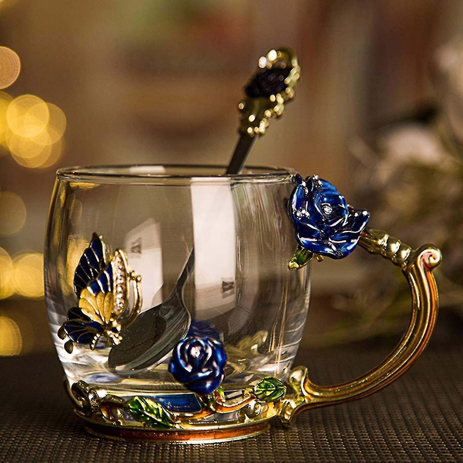 Enamels Butterfly Flower Lead Free Glass Coffee Mugs Tea Cup With Steel Spoon Set Gifts For Women Wi