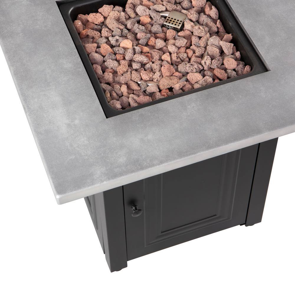 FIRE ISLAND The Wakefield 28 in. x 24.8 in. Square Steel Base Resin Mantel LP Gas Fire Pit Table in Concrete Grey and Black GAD15410M