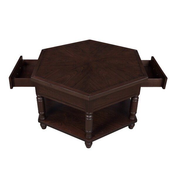 Roomfitters 2 Tier Retro Hexagon Living Room Solid Wood Coffee Table with Shelf and Drawer