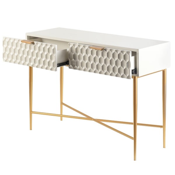 StyleCraft Glossy White Textured 2 Drawer Console Table with Gold Hardware