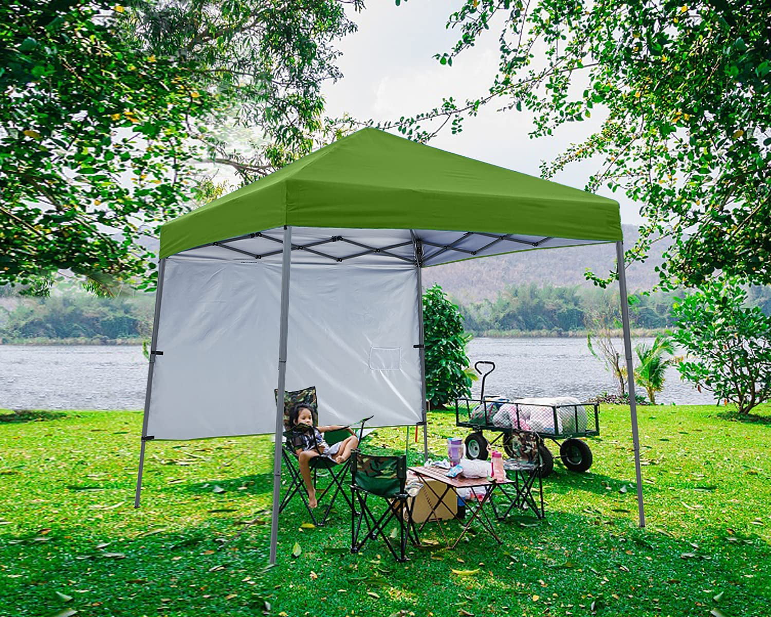 ABCCANOPY 10 ft x 10 ft Outdoor Pop up Slant Leg Canopy Tent with 1 Sun Wall and 1 Backpack Bag - Green