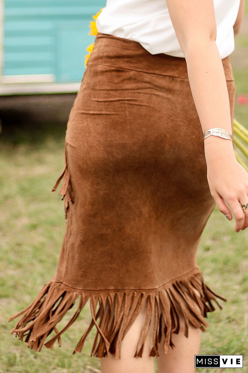 Brown Fringe Asymmetric Wrap Suede Midi Skirt