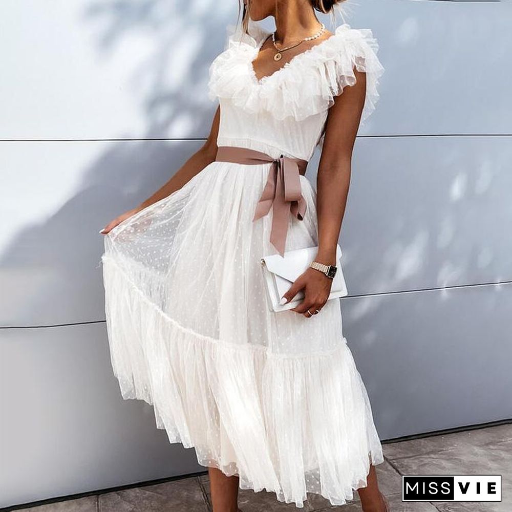 V-Necked Fringe Lace Pure Color Dress