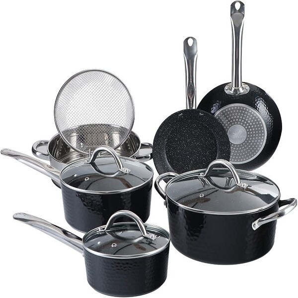 15 Piece Nonstick Kitchen Cookware Sets - Granite Hammered Pots and Pans Set， Induction and Dishwasher Safe (Black) - black