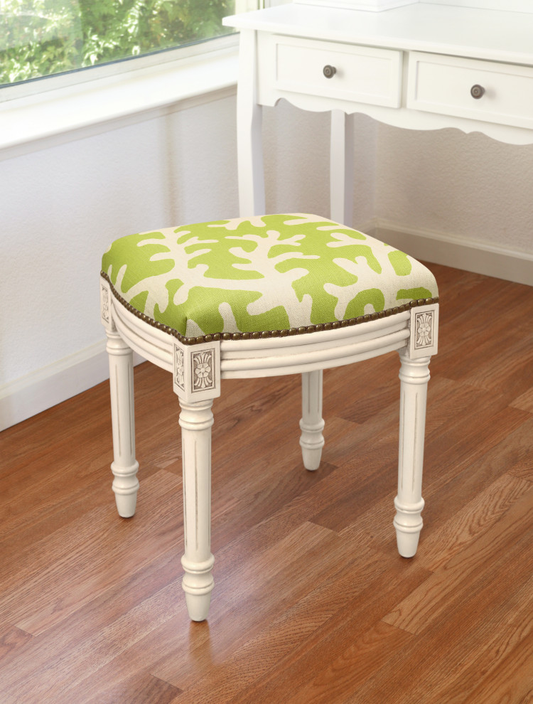 Chartreuse Coral Linen Upholstered Vanity Stool With Nailheads   Beach Style   Vanity Stools And Benches   by 123 Creations  Houzz