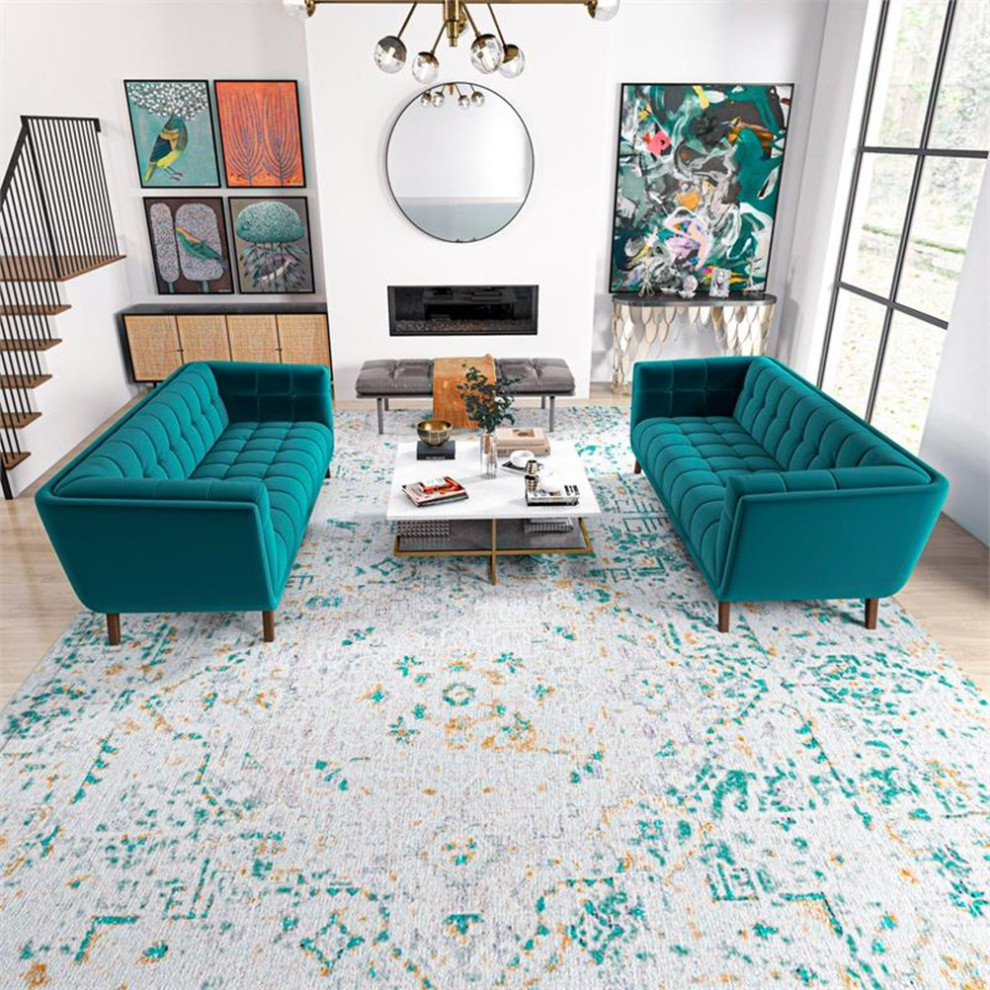 Kartmes Mid Century Modern Living Room Velvet Sofa Set in Turquoise   Midcentury   Living Room Furniture Sets   by Homesquare  Houzz