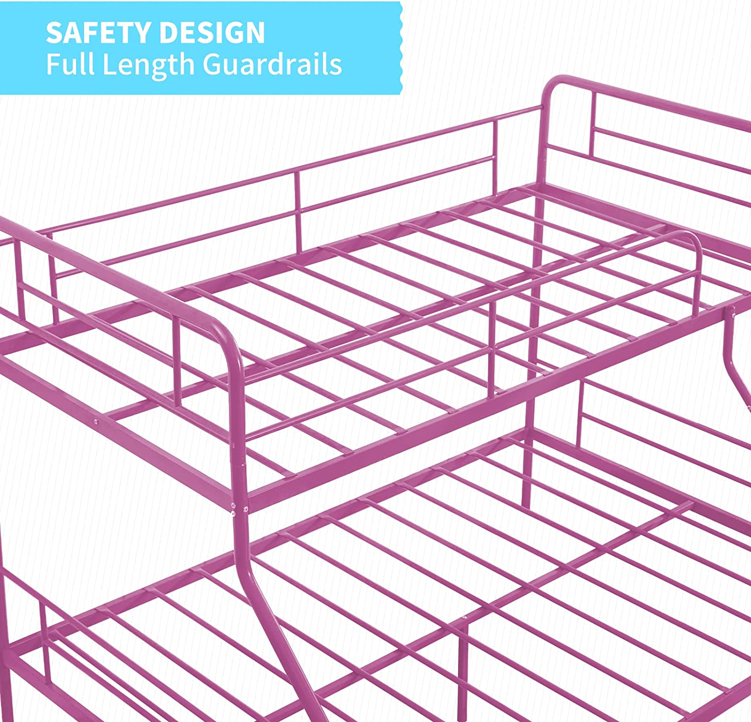 cuoote Twin Over Full Bunk Bed w/Ladder and Guardrail, Space-Saving Design, No Box Spring Needed, Pink