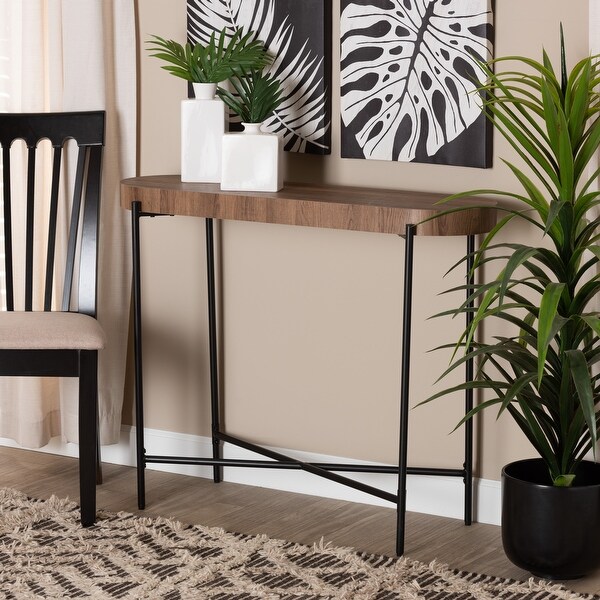 Savion Modern Industrial Walnut Brown Finished Wood and Black Metal Console Table