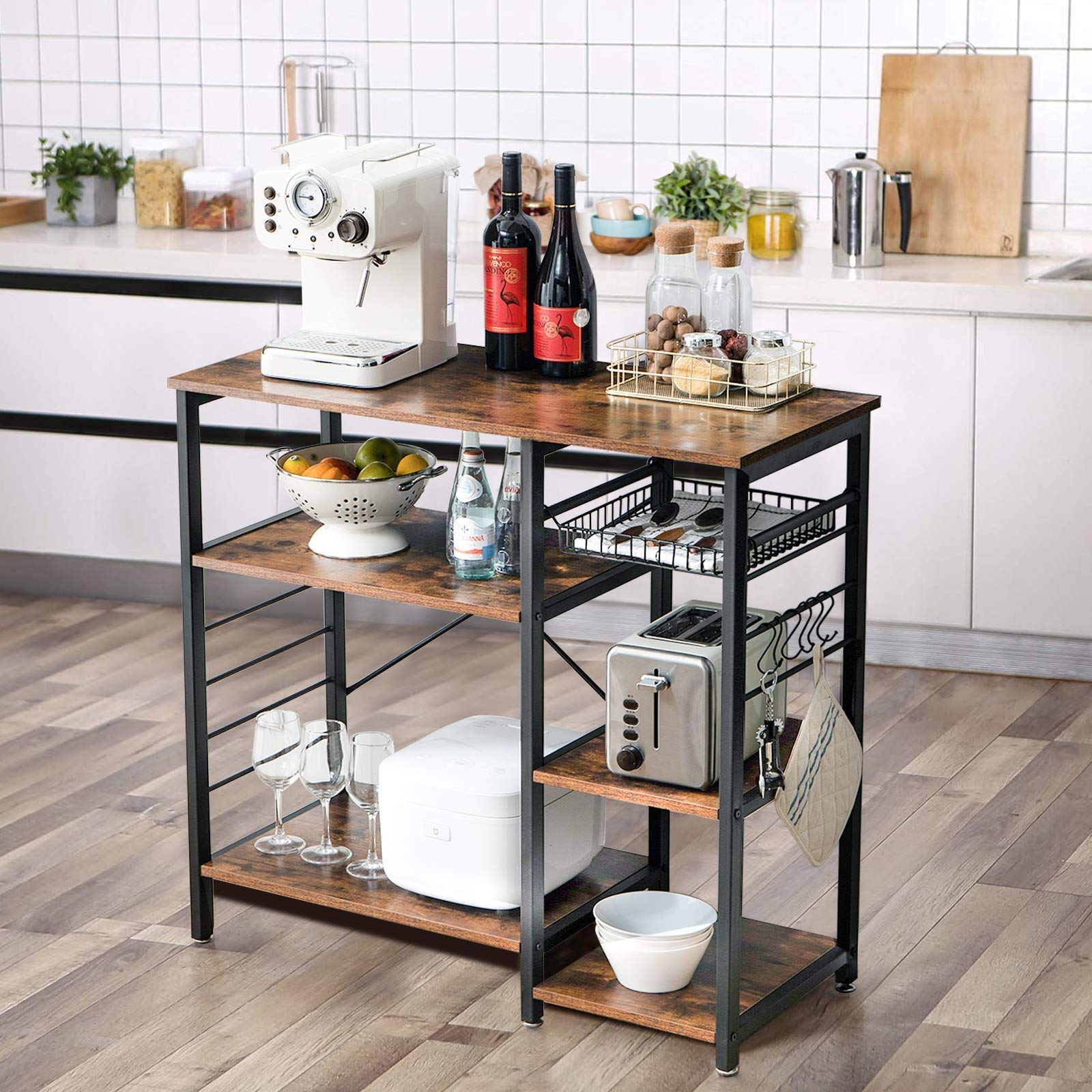 Industrial Kitchen Baker’s Rack， Microwave Oven Stand 3-Tier Kitchen Organizer Workstation，Utility Storage Shelf Coffee Bar，Easy Assembly， Brown