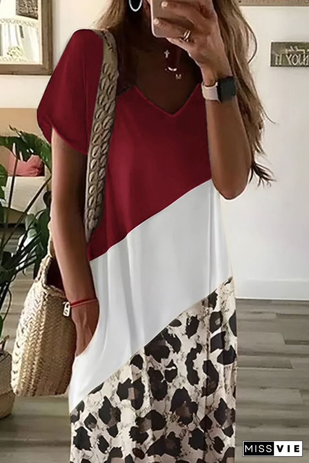 Red Leopard Color Block Side Slit T Shirt Maxi Dress