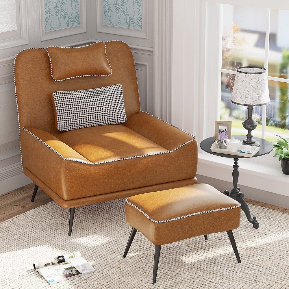 Accent Chair with Ottoman  Upholstered Faux Leather Chairs for Living Room Bedroom Lounge Chair  Modern Sofa Chair with Ottoman