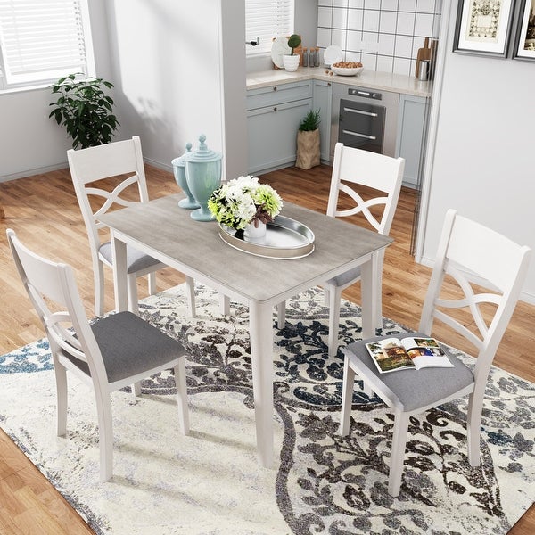 5 piece kitchen table with 4 upholstered chairs， 5 sets， light grey + white