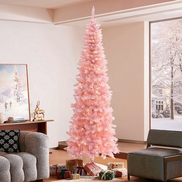 7Ft PreLit Pink Slim Hinged Artificial Christmas Tree with 8 Lighting Modes