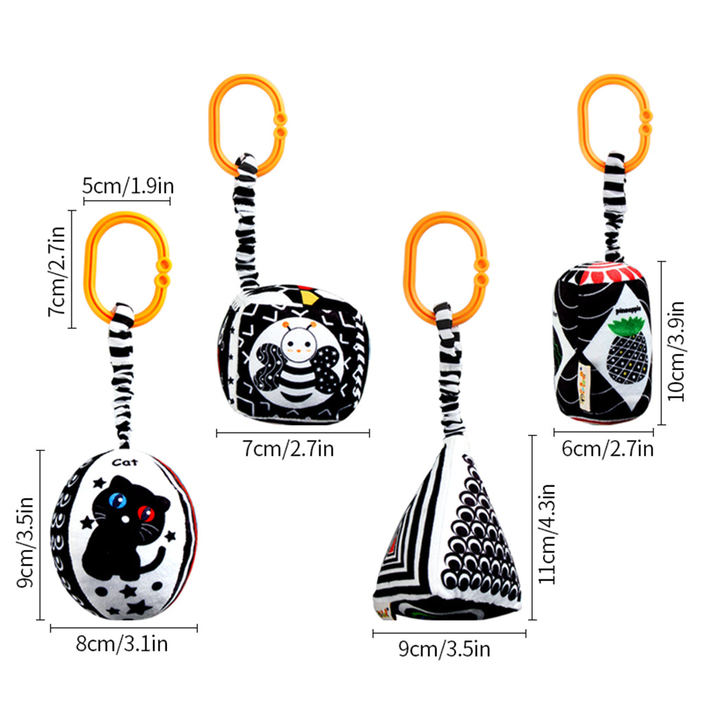 AIPINQI 4 Pack Rattles Rings Hanging Toys Set，Black White High Contrast Toys For Stroller Car Seat