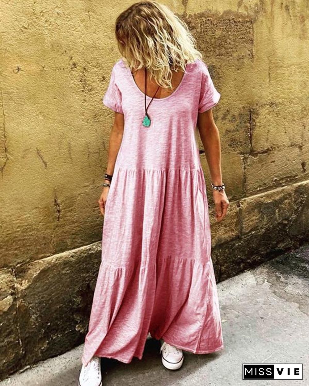 Ruffled Short Sleeve Casual Round Neck Dresses