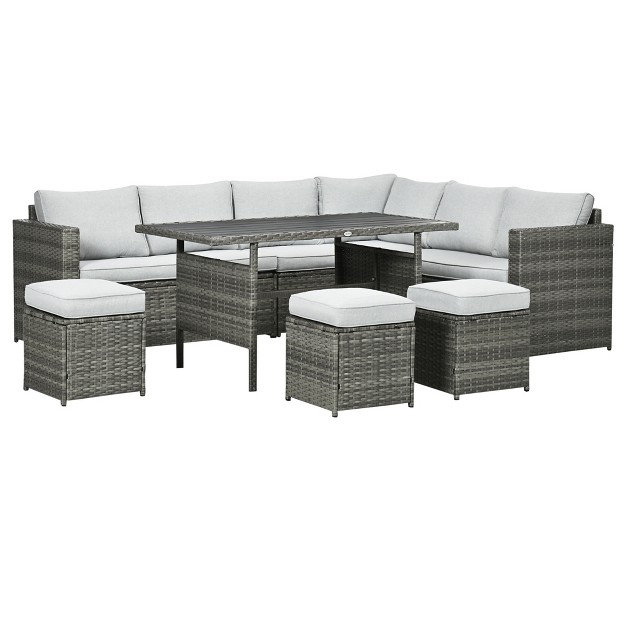 Outsunny 7 Piece Patio Furniture Set Outdoor L shaped Sectional Sofa With 3 Loveseats 3 Ottoman Chairs Dining Table Cushions Storage Mixed Gray