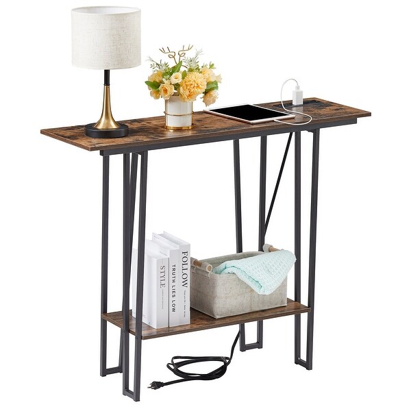 Industrial Rectangular Console Table with 2 Outlet and 2 USB Charging Ports