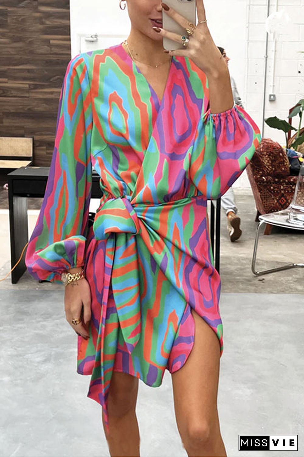 Print Long Sleeve Wrap Mini Dress