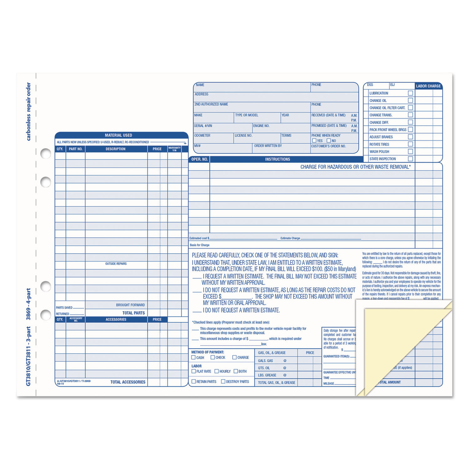 Auto Repair Four-Part Order Form by TOPSandtrade; TOP3869