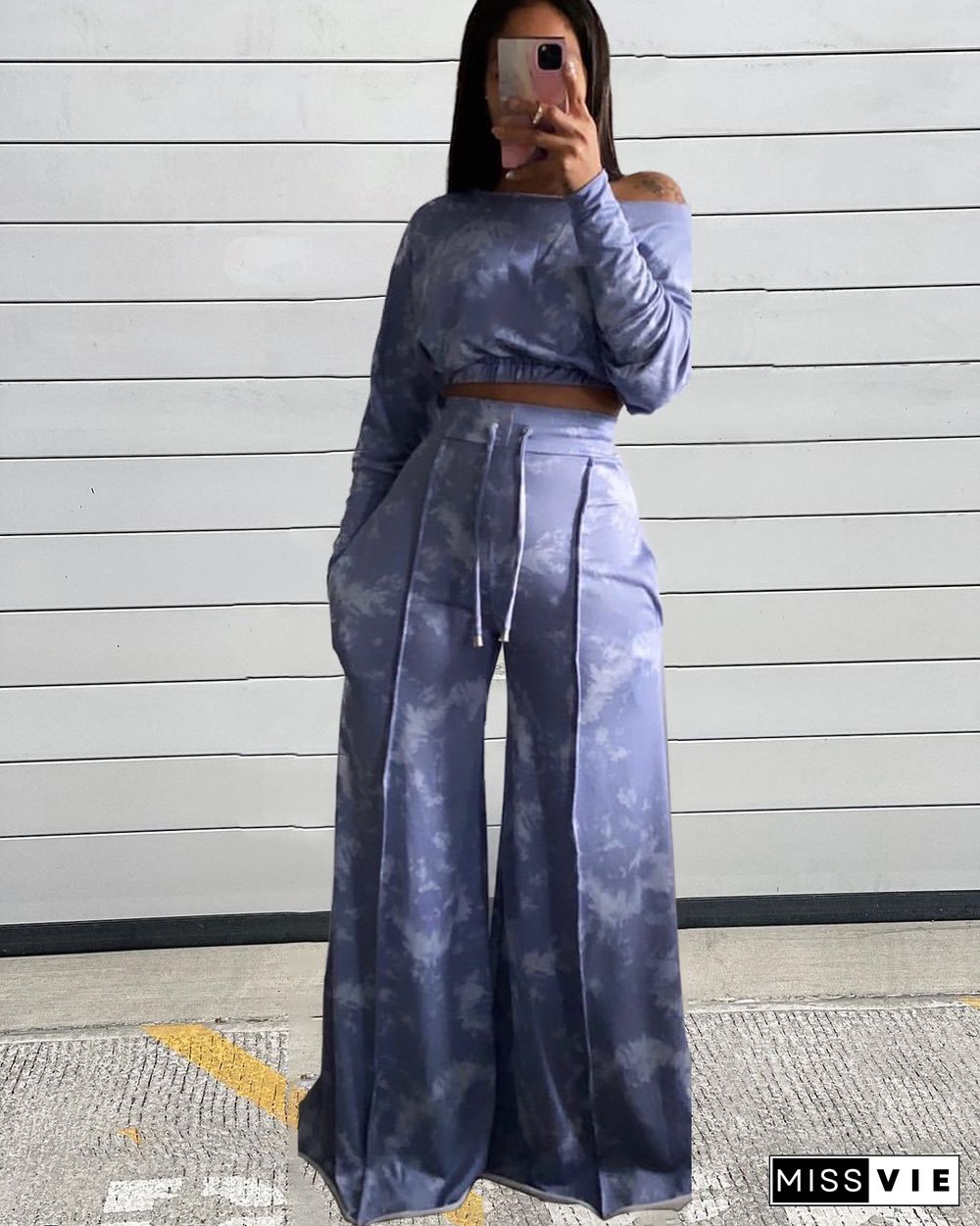 Tie Dye Long Sleeve Crop Top Wide Leg Pants Set