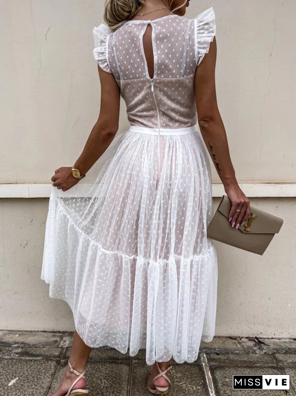 Elegant Solid Color Lace O Neck Party Dress Ladies Fashion Mesh Panel Sleeveless Long Dresses Women Retro Bow Slim Sweet Dress