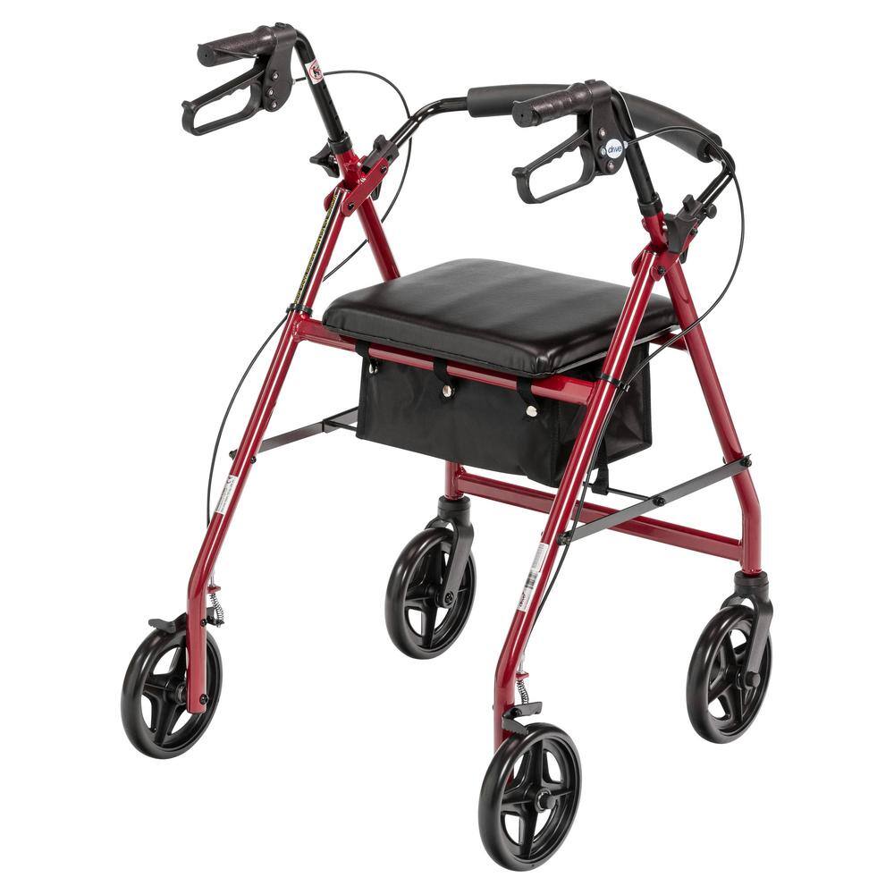 Drive Medical Aluminum Rollator Rolling Walker with Fold Up and Removable Back Support and Padded Seat Red r728rd