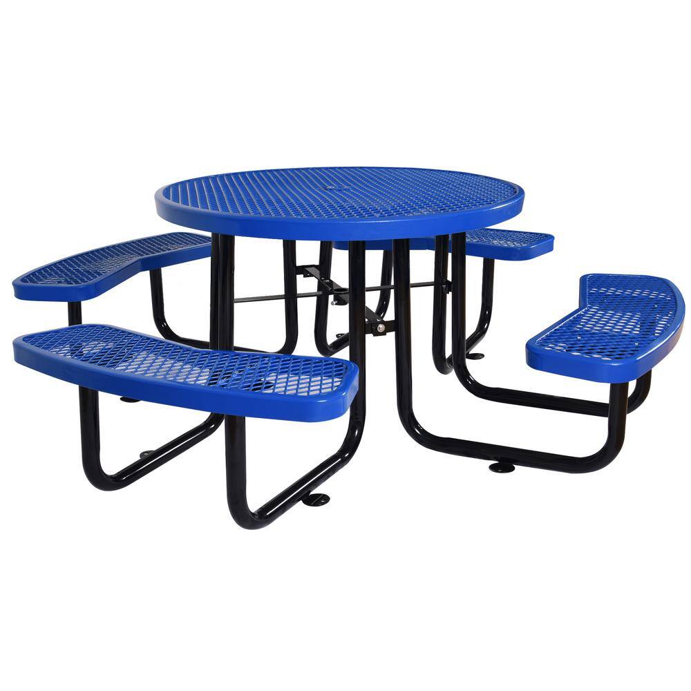 Afoxsos Blue Round Outdoor Steel Picnic Table Dining Table 46 in. with Umbrella Pole DJMX999