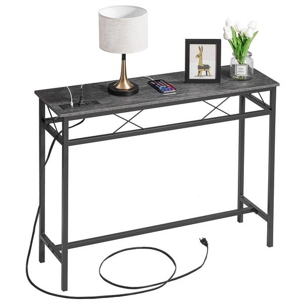 VECELO Industrial Rectangular Wood Console Table with AC Power and USB Charging Ports