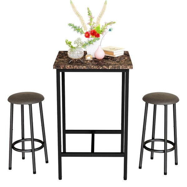 3 Piece Pub Dining Set for Kitchen Counter Height Bistro Set Faux Marble Table Top and Faux Leather Chairs