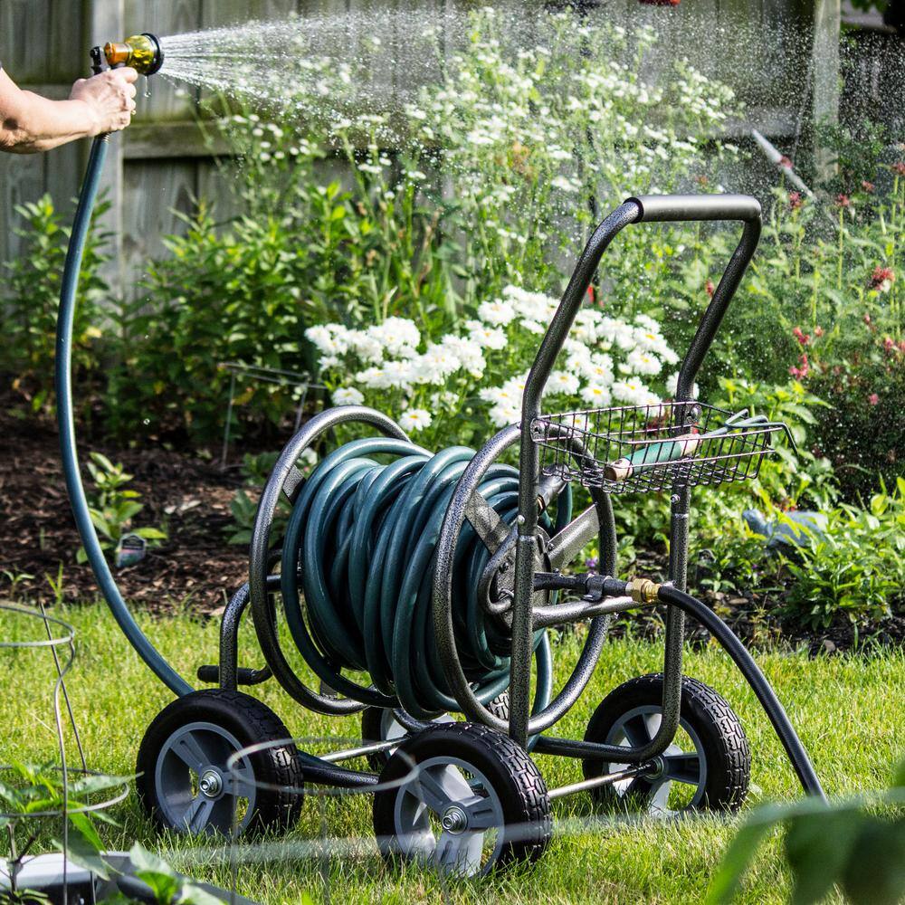 Backyard Expressions Hammertone Finish Heavy-Duty 4 Wheel Rolling Hose Reel - 225 ft. Hose Capacity - Flat Free Tires