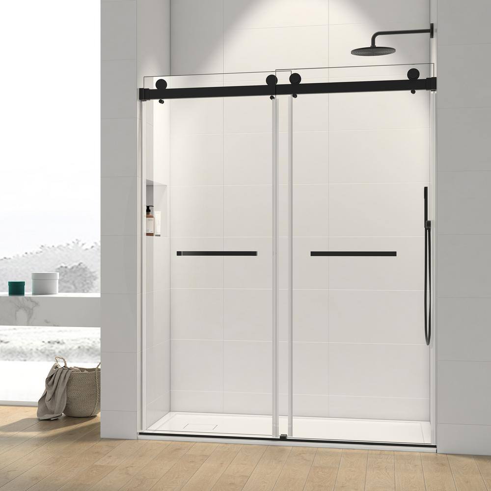 Xspracer Foyil 72 in. W x 76 in. H Sliding Frameless Shower Door in Matte Black Finish with Clear Glass JH-SD100372MB