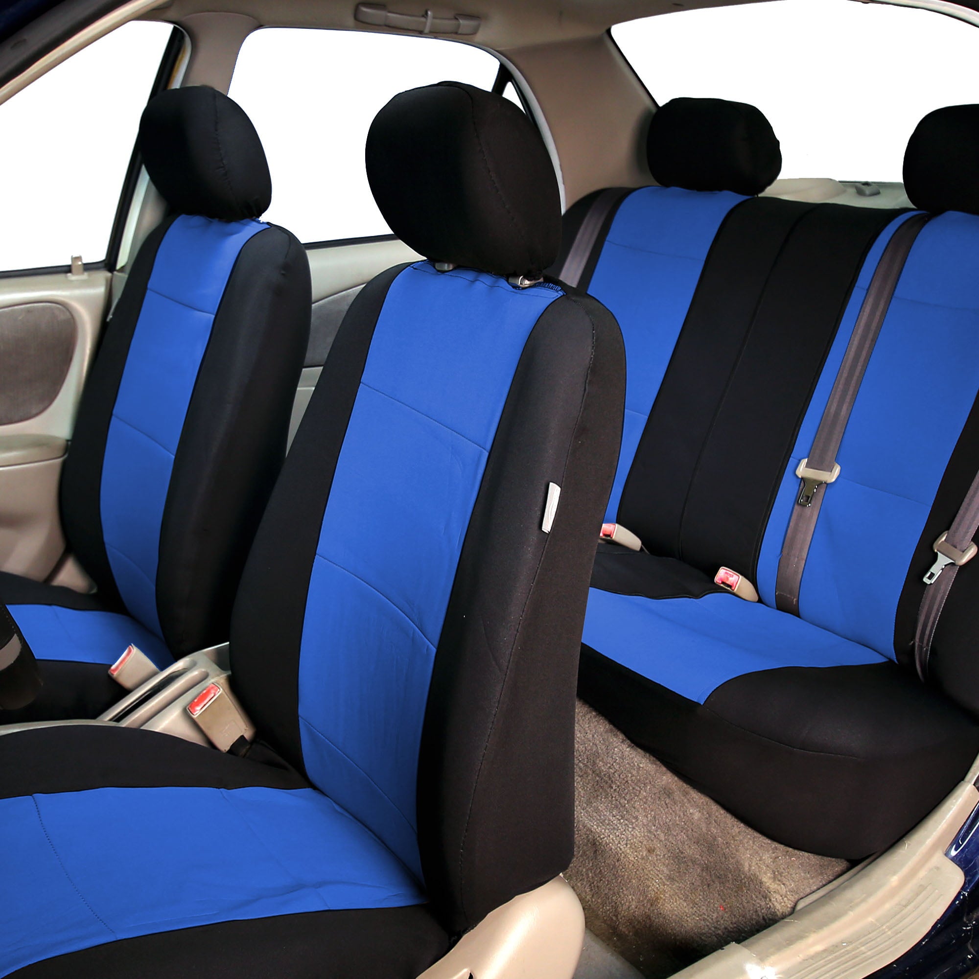 FH Group Neoprene 3 Row Car Seat Covers For SUV， Airbag Ready Split Bench 7 Seater， Blue Black with Free Air Freshener