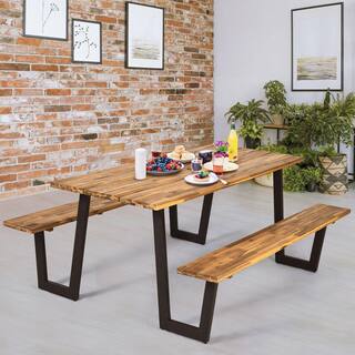 ANGELES HOME 70 in. L Wood Frame Outdoor Bench Set Picnic Table with Umbrella Hole M66-8HW265+