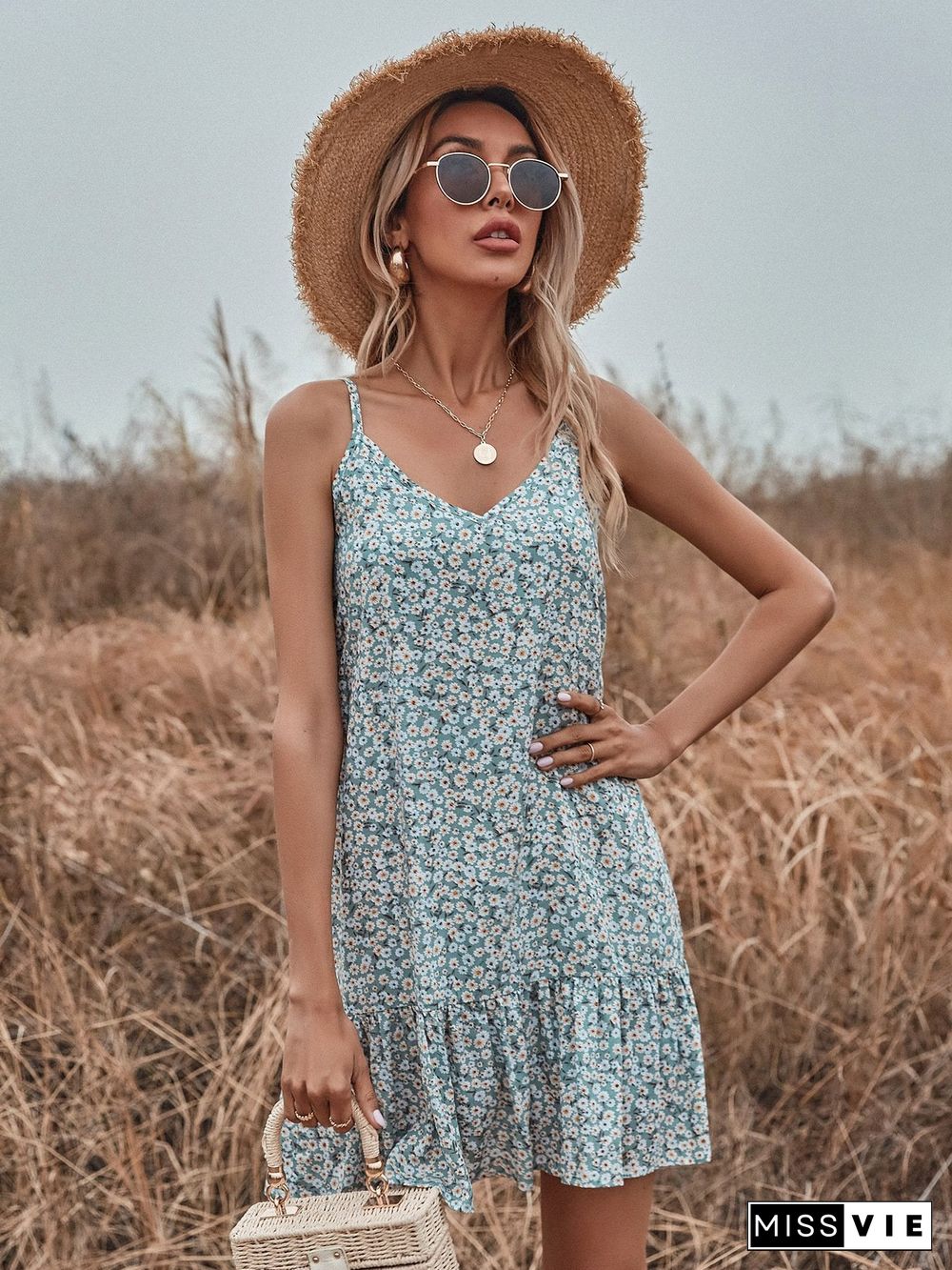 Fashion V Neck Floral Printed Sleeveless Shift Dress