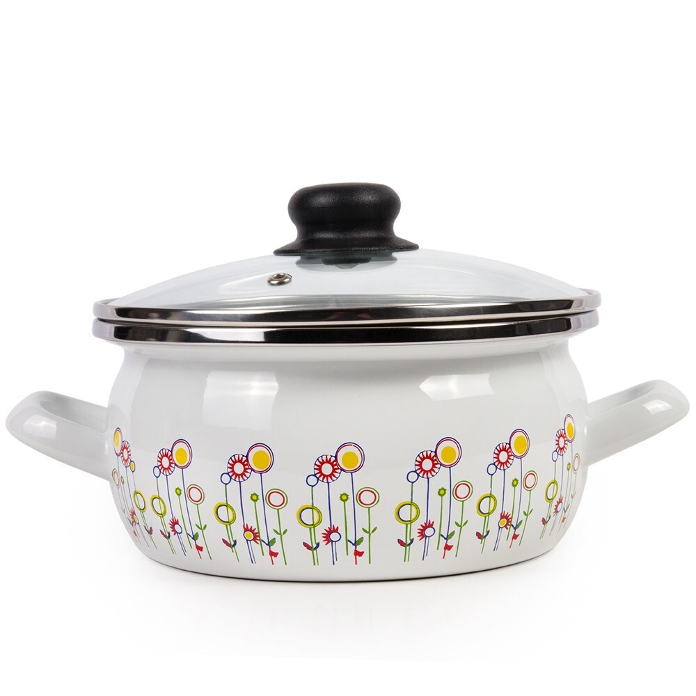 STP Goods Enamel on Steel 5.3 quart Pot with a Glass Lid   Flowers