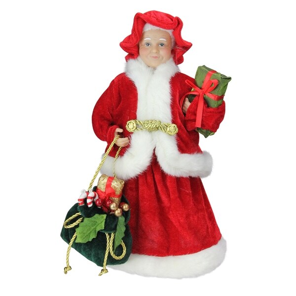 12 Mrs. Claus in a Red and White Dress Holding a Gift and Bag Christmas Figure