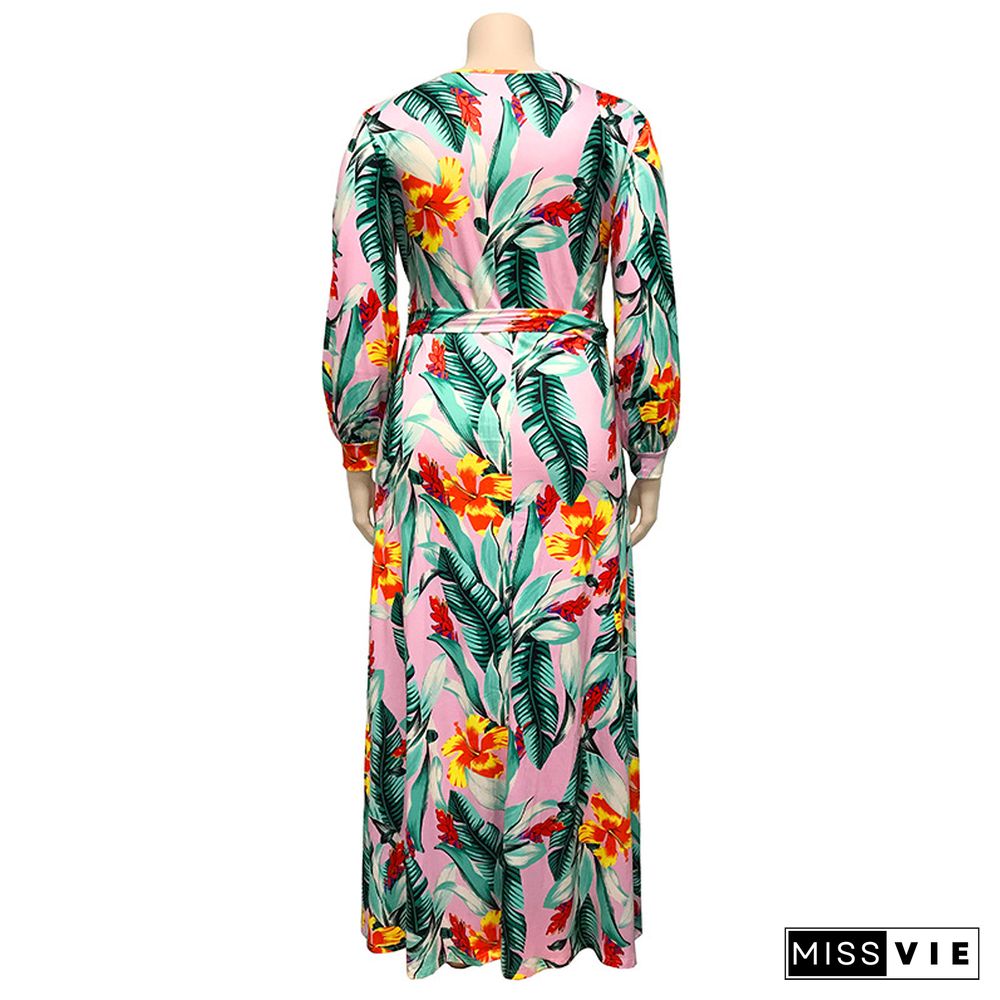 Sexy Deep V Printing Split Hem Plus Size Long Dress