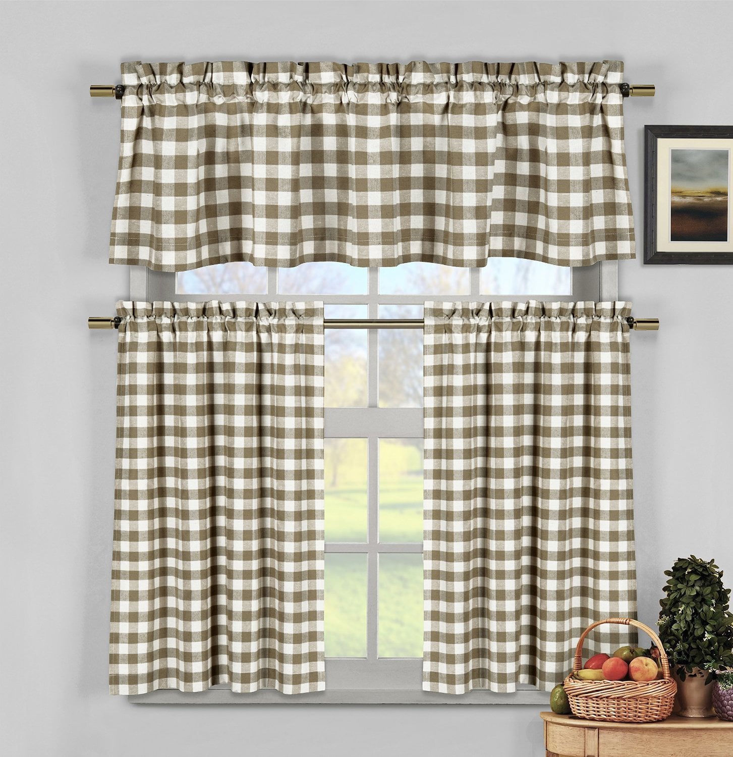 GoodGram 3 Pc. Plaid Country Chic Cotton Blend Kitchen Curtain Tier & Valance Set - (Taupe)