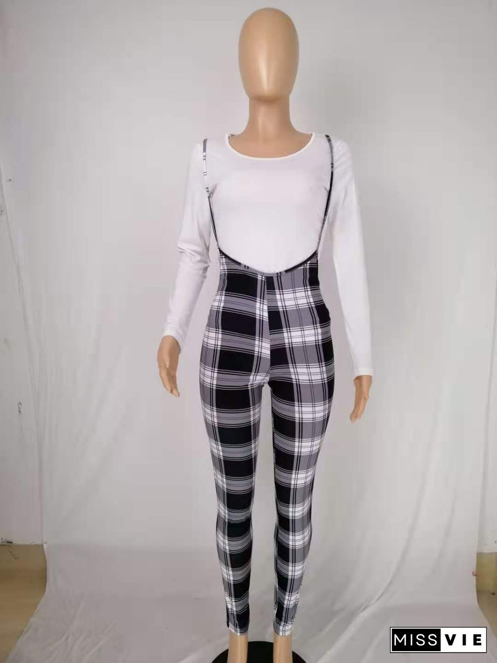 Fall White Long Sleeve Top Plaid Jumpsuit Lounge Wear Matching Sets