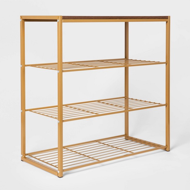 4 Tier Shoe Rack Brass With Walnut Wood