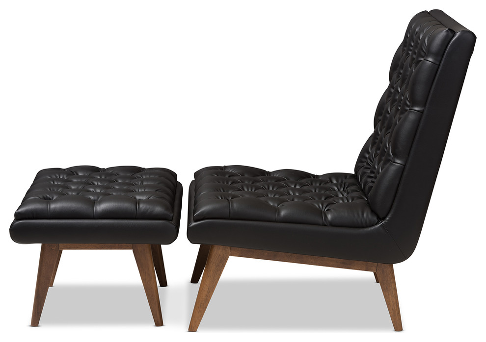 Annetha Faux Leather Walnut Finished Wood Chair And Ottoman Set  Black   Midcentury   Armchairs And Accent Chairs   by HedgeApple  Houzz