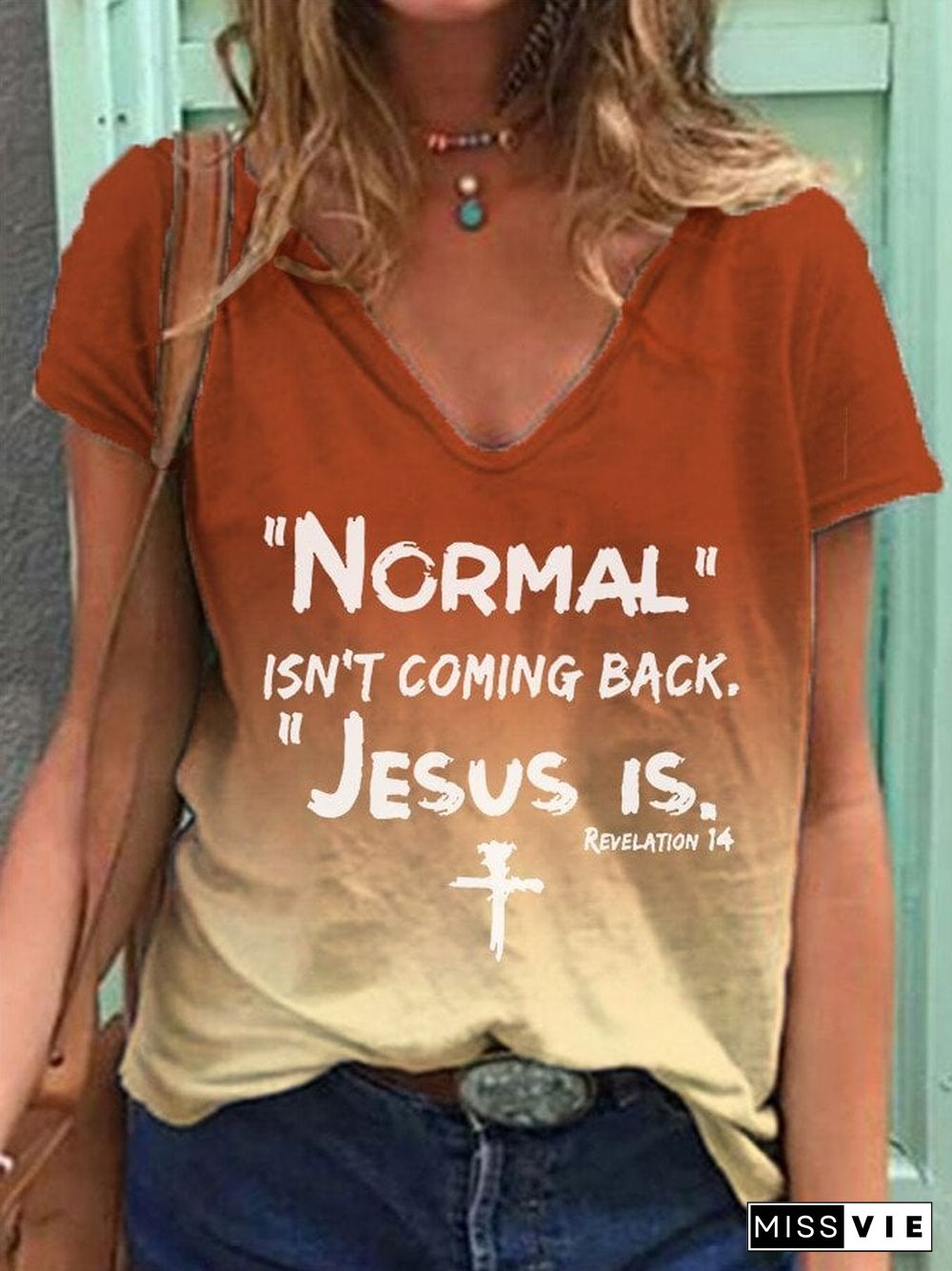 Women's NORMAL ISN'T COMING BACK JESUS IS cross gradient T-shirt