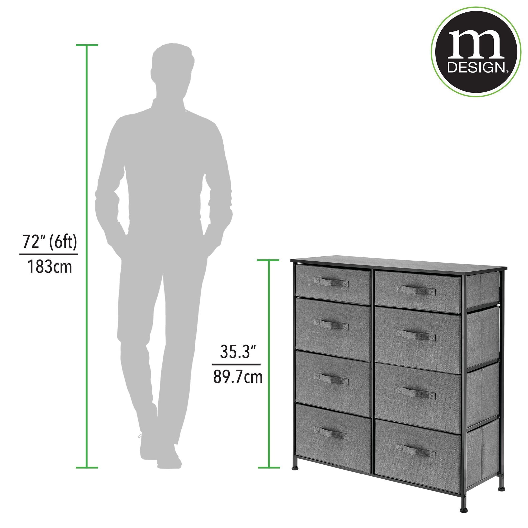 mDesign Tall Steel Frame/Wood Top Storage Dresser Furniture Unit with 8 Slim Removable Fabric Drawers, Large Bureau Organizer for Bedroom, Living Room, Closet - Lido Collection, Charcoal Gray