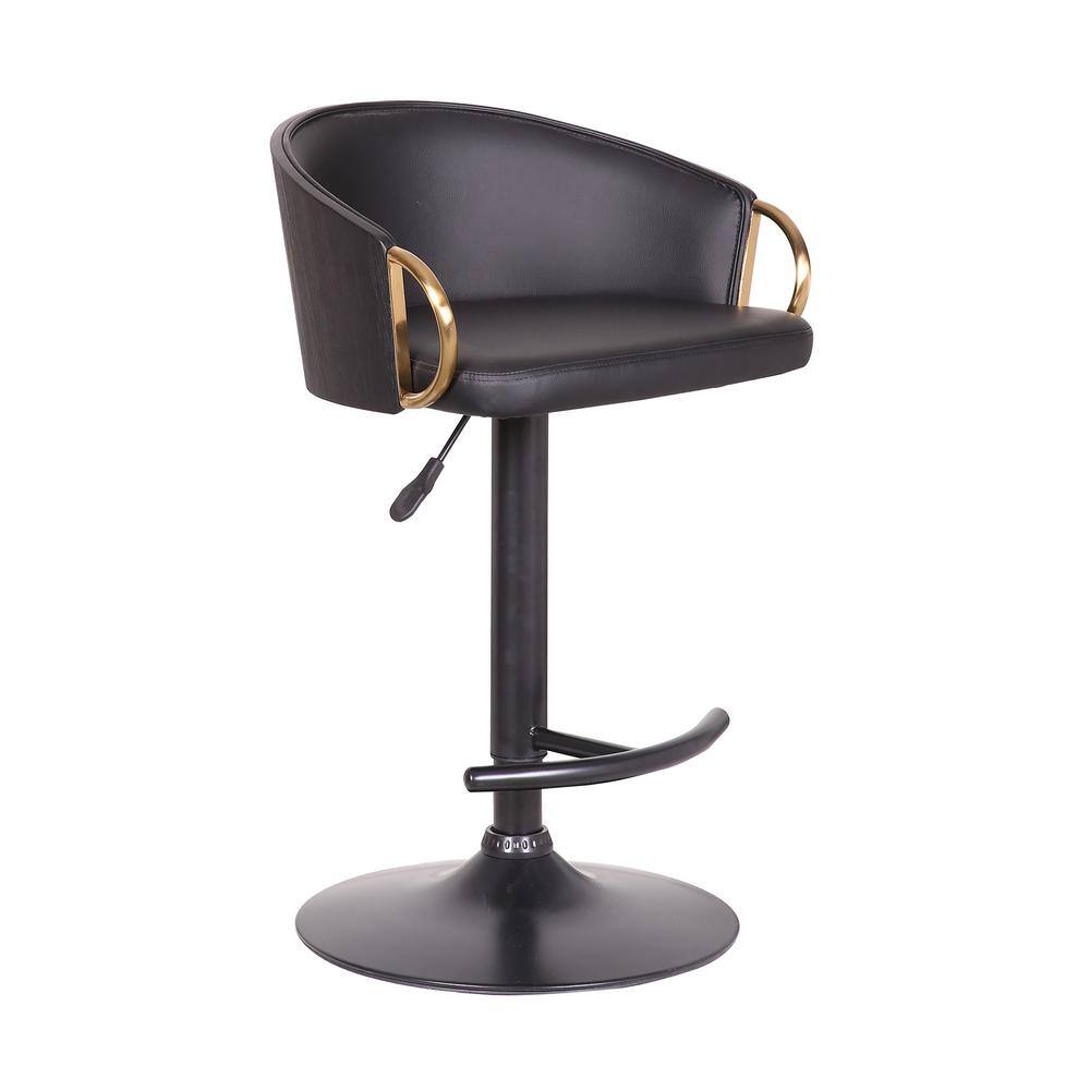 Armen Living Solstice Adjustable Black Faux Leather Swivel Barrstool With Black Powder Coated Finish and Gold Accents LCSCBABLBL