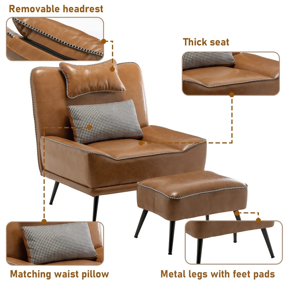 Accent Chair with Ottoman  Upholstered Faux Leather Chairs for Living Room Bedroom Lounge Chair  Modern Sofa Chair with Ottoman