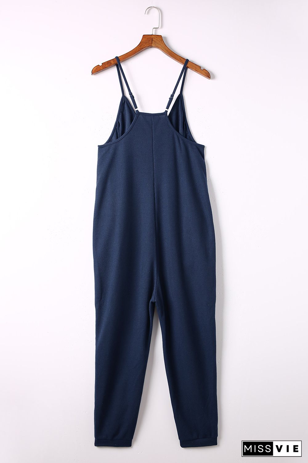 Blue Textured Sleeveless V-Neck Pocketed Casual Jumpsuit