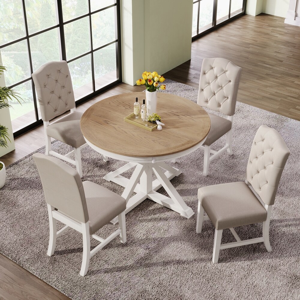 Round 5 Piece Wood Extendable Dining Table Set with Fabric Upholstered Armless Dining Chairs and Extension Leaf for Dining Room